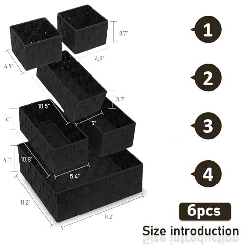Storage Bins Woven Organizer Set of 6 – Polypropylene Storage Baskets with Metal Frame, Stackable Fabric Boxes for Drawers, Closet, Shelf, Nursery and Office, Black - color: Black, size: 6PCS-without lid
