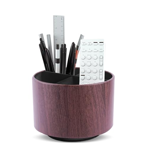 Round Leather Art Supply Organizer,Remote Control Holder,360 Degree Spinning,Multi-Functional Pencil Holder,4 Compartments Desktop Stationary Organizer(1-Thin Wood Dark Brown) - color: 1-Thin Wood Dark Brown