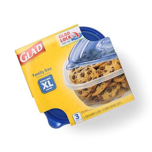 Glad GladWare XL Square Food Storage Containers with Lock Tight Lids, BPA-Free Family Size Plastic Containers for Leftovers, Meal Prep, and Freezer Storage, Dishwasher Safe, 104 Oz, 3 Count - size: 104 oz - 3 Count, style: Square