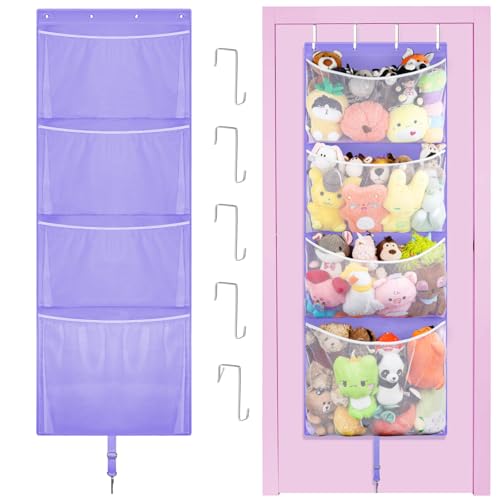 Woodoulogy Hanging Stuffed Animal Storage, Over Door Large Plush Toy Organizer with Metal Hook, Baby Accessory Holder Idea for Nursery, Doll & Bear Mesh Hammock Bag for Girl Boy Kid Room - color: Purple