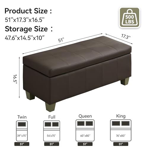 WUTUTUEE 51" Faux Leather Storage Ottoman, Stitch Tufted Rectangle Upholstered End of Bed Storage Bench, Entryway Large Couch Ottoman with Wooden Legs,Brown - color: Brown, size: 51 Inch