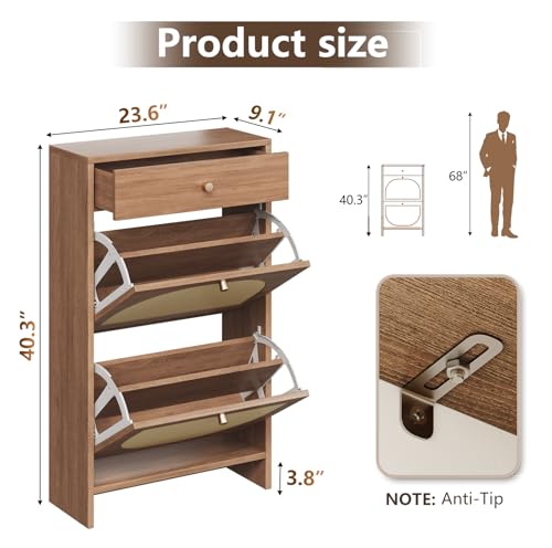 Shoe Storage Cabinet for Entryway, Slim Shoe Rack with 2 Flip Drawers and Top Storage Drawer, Narrow Shoe Organizer with Arched Rattan Accent, Entryway Shoe Storage for Size 13.5 Shoes, Caramel - color: Warm Caramel, style: 2 Flip Drawer & Top Drawer