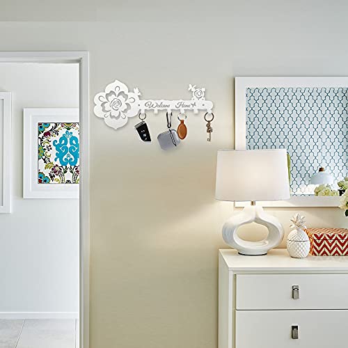 Deveosa Key Hooks Holder for Wall Decorative - Small White Entryway Welcome Home Sign Key Hanging Hangers Wall Mounted Racks - color: White Rose