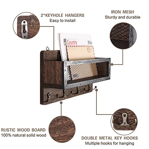 ADIIL Mail and Key Holder for Wall Decorative, Wooden Wall Mount Key Rack Hanger Organizer with 4 Double Key Hooks, Rustic Home Decor for Entryway Hallway, Brown - color: Brown
