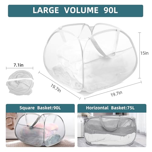 2 Pack Collapsible Laundry Baskets, 90L Large Foldable Laundry Basket, Durable Mesh Pop Up Hampers for Laundry, Dirty Clothes Laundry Hamper for Bedroom, Bathroom, Dorm, Laundry Room, Travel White - color: 2xWhite