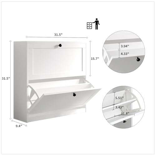 VOWNER Shoe Cabinet with 2 Flip Drawers, Freestanding Shoe Storage Cabinet with Adjustable Shelf & Anti-Tipping Device, Shoe Rack for Entryway, Hallway, Living Room (White) - color: White