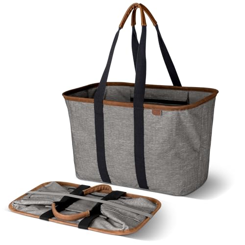 CleverMade Collapsible LUXE Tote - Reusable Grocery Shopping Storage Bag Organizer w/Handles Reinforced Bottom - color: Heather Gray