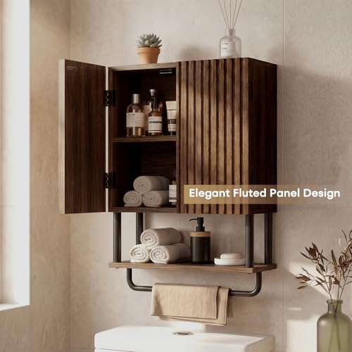 Farmhouse Fluted Bathroom Wall Cabinet,3-Tier Curved Profile Wooden Medicine Cabinet with 2 Doors,Over the Toilet Storage Cabinet Walnut Wall Mounted with Adjustable Shelf and Towel Bar - color: Dark Walnut, size: Small