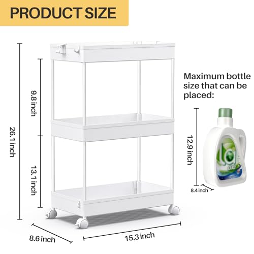 SPACEKEEPER Storage Rolling Cart, 3 Tier Laundry Room Organization Utility Cart Bathroom Organizer Mobile Shelving Unit Shelves Multi-Functional Trolley, White - color: White, size: 3 Tier