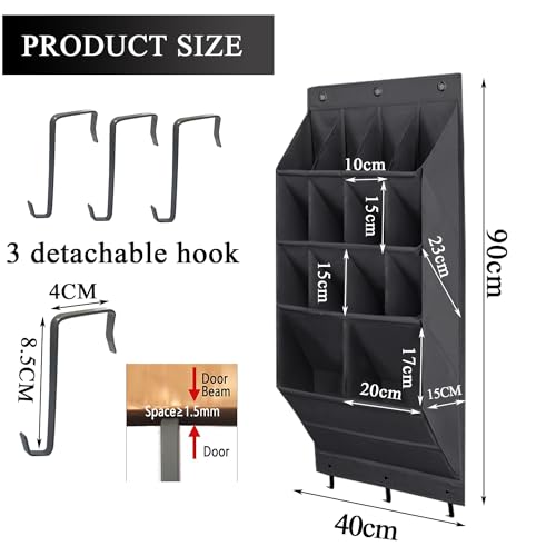 Over the Door Shoe Organizer, 14 Pockets Hanging Shoe Storage Rack with Large Deep Pockets, Oxford 600D Fabric Grey Shoe Storage Rack with 6 hook for Shoes, Slipper,Home Accessories etc - color: Black, size: 14-Grids