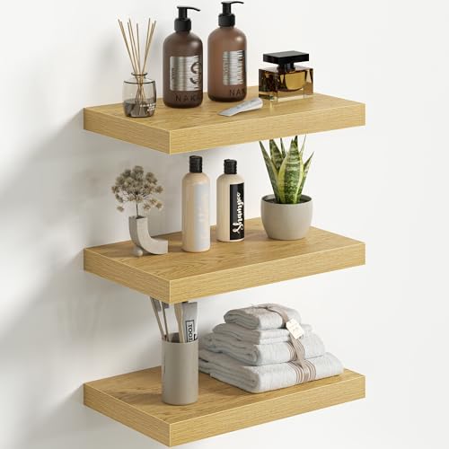 Fun Memories Floating Shelves for Wall 16 Inch Set of 3, Farmhouse Floating Shelves with Invisible Heavy Duty Bracket, 10 Inch Deep Bathroom Shelves for Storage, Living Room, Kitchen, Decor, Oak - color: Oak, size: 16"W x 10"D - 3P