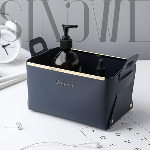Decorative Faux Leather Basket,Small Catchall Basket for Entryway Bedside Dresser End table,Collapsible Rectangle Tray Organizer Box,Navy Blue,2-Pack - color: Navy Blue(2-Pack)