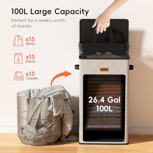 100L Laundry Hamper with Lid, Large Clothes Hampers with Removable Bag, Collapsible Laundry Basket for Bathroom, Bedroom, Laundry Room, Dorm, Beige - color: Beige, size: 100L - 1 Section
