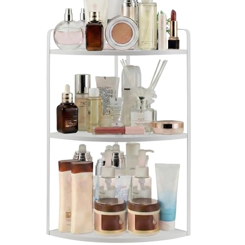 3 Tier Corner Bathroom Counter Organizer, Countertop Organizer, Makeup Organizer Countertop, Bathroom Storage Sink Shelf, Wooden and Metal Counter Shelf (Large Capacity-White) - color: White