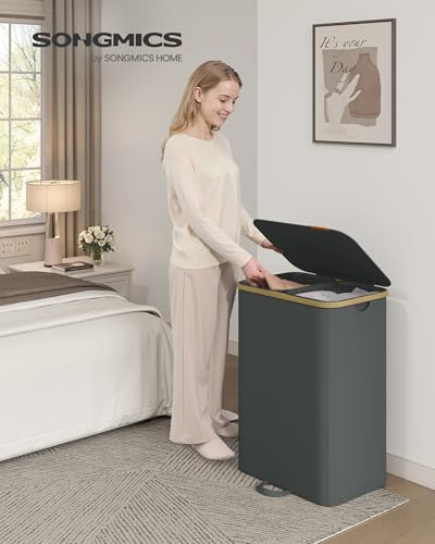SONGMICS Laundry Hamper, Laundry Sorter with Lid, Storage Basket Bin, Removable Liners, Bamboo Frame, for Bedroom, 2 Sections, 39.6 Gal. (150 L), Slate Gray ULCB532GN01 - color: Slate Gray, size: 150 L (2-Section)