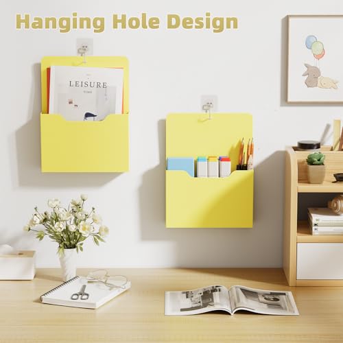 2 Pack Magnetic File Holder - Paper Holder, Pocket Organizer,Hanging Wall File Organizer Office Supplies Storage, Magazine Mail Organizer Case for Notebooks,Planners,Letter (Yellow) - color: Yellow Holder-2L