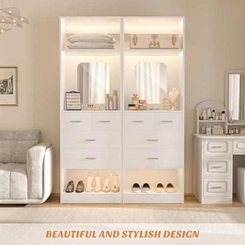 Unikito 25" Closet System with Drawers, 2FT Freestanding Closets Organizer with Storage Shelves and Mirror, Sturdy Walk in Closet Tower for Bedroom, Mudroom and Entryway, 25" W x 16" D x 80" H, White