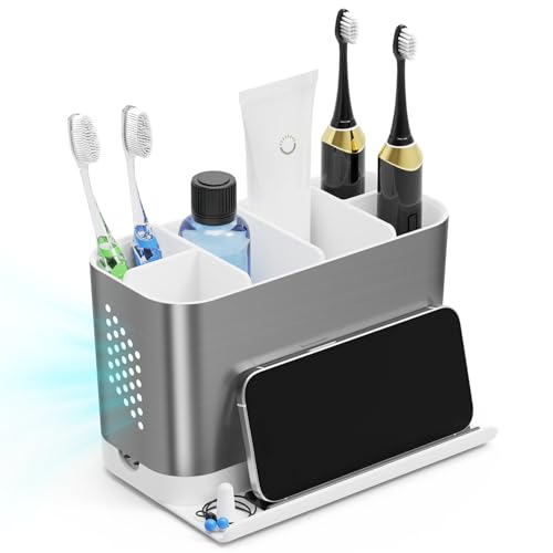 Bathroom Countertop Organizer with Front Ledge for Phone, Detachable Kids Toothbrush Holders with Cord Slots and Ring Holder, 6 Slots Toothbrush Toothpaste Holder with Drainage for Family - color: Silver