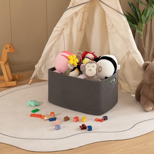 OIAHOMY Large Blanket Basket,Storage Basket with Handle, Blanket Basket for Living Room, Rectangle Woven Cotton Rope Basket for Bedroom, Toy Baskets Organizer Bins, 22" x 17" x 12" in, Dark Grey - color: Dark Grey, size: 22”x17”x12”
