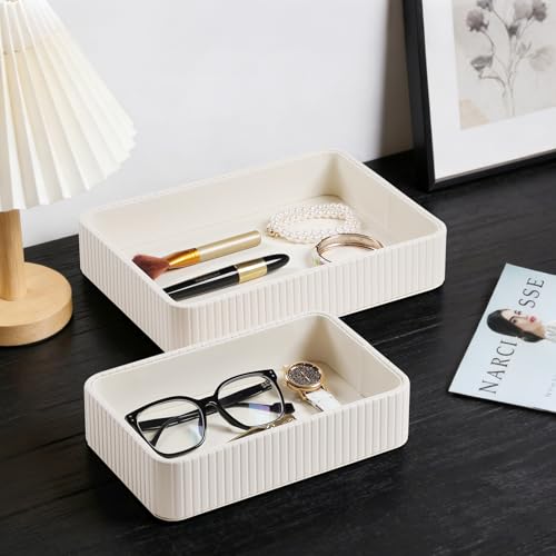 Desk Organizer Tray, PU Leather Nightstand Organizer Perfume Valet Tray for Men Women, Decorative Vanity Trays Trinket Dish Key Bowl for Entryway Table (2pcs, Ivory, Large+Small) - color: Ivory, size: 11.5" x 8.3" x 2.2"& 9.5" x 6" x 2.2"