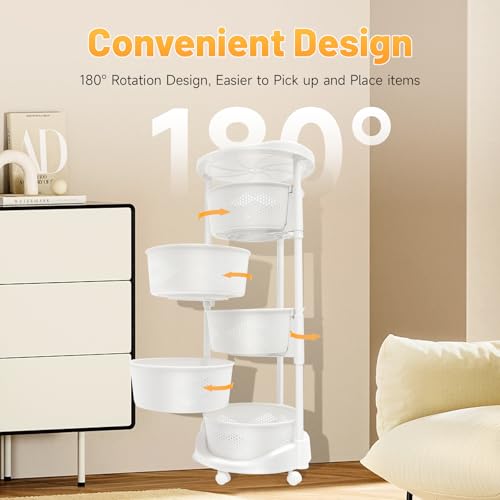 Fruit Basket for Kitchen, 5 Tier Circular Rotating Basket Large Storage Rack with Wheels, Standing Shelf Storage, Multi-Layer Storage Shelves with Top Lid for Living Room, Office, White (5-Tier) - size: 5-Tier