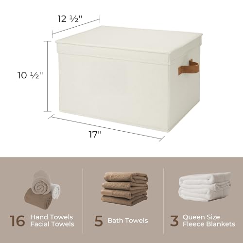 StorageWorks Storage Bins with Lids, Decorative Storage Boxes with Lid and PU Handles, Foldable Storage Baskets for Closet, Shelves, Stackable, Ivory, Jumbo, 3-Pack - color: Ivory, size: Jumbo