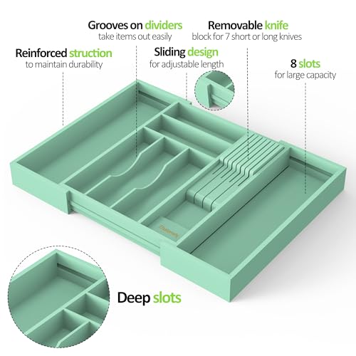 Bamboo Kitchen Drawer Organizer, Expandable Silverware Organizer with Removable Knife Block, 6-8 Slots- Utensil Holder & Cutlery Tray Drawer Dividers, 2.36" Deep for Extra Capacity, Cyan - color: Cyan