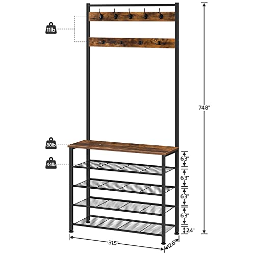 HOOBRO Hall Tree, Coat Rack with Shoe Rack, Hall Tree with Bench, 5 Tier Shoe Storage Organizer with 9 Hooks for Entryway, Closet, Sturdy, Industrial, Rustic Brown and Black BF80MT01G2 - color: Rustic Brown + Black, size: 31.5"L x 12.6"W x 74.8"H