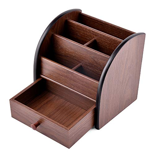Siveit Wooden Desktop Organizer with Drawer, Multifunctional Office Supply Storage - Remote Control Caddy Holder