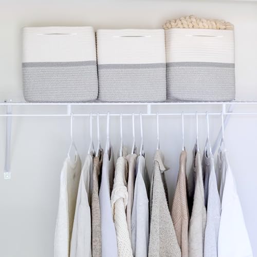 NaturalCozy Storage Cubes 11 Inch Cotton Rope Woven Baskets for Organizing, 3-Pack | Cube Storage Bin | Square Storage Baskets for Shelves Organizer, Classroom, Kids Toy Bins, Closet, Baby Nursery - color: Off White & Gray & Mixed Gray