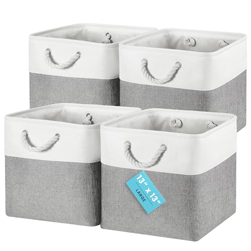 OrganiHaus 13x13 Cube Storage Bins 4 Pack, Foldable Cube Storage Organizer w/ Rope Handles, Collapsible Fabric Bins for Toys, Clothes & Closet Organization, Fabric Square Baskets - Gray/White - color: Gray Base / Off-White, size: 4 pcs (13x13)