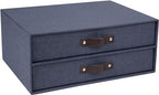 Bigso Birger 2-Drawer Canvas Fiberboard Easy Pull Handle Document Letter Box | Desktop Drawers for Loose Papers and Documents | Desktop Storage Drawers with Leather Handles | 13.1” x 10” x 5.7” | Blue - color: Blue