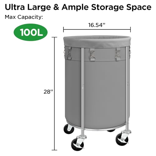 Laundry Hamper with Wheels, 100L Round Rolling Laundry Basket Sorter with Removable Bag, Clothes Cart Organizer with Steel Frame for Bedroom, Bathroom, Laundry Room, Grey - color: Grey