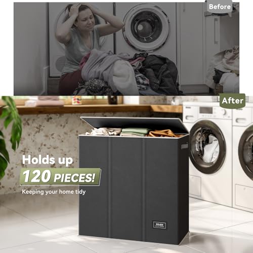 SOLEDI 160L Laundry Hamper 3 Section, Extra Large Laundry Hamper with Lid, Dirty Clothes Hamper with Sturdy Handle, Large Laundry Basket Organizer for Laundry Room, Bedroom, Hampers for Laundry - color: Black, size: 160L