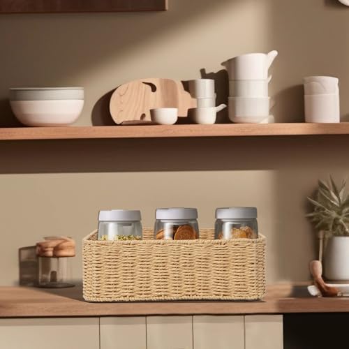 Drawer basket Handwoven Paper Rope Rectangular Shallow Basket Storage-15.35X12.01X4.72 Inches (Light brown) - color: Light brown