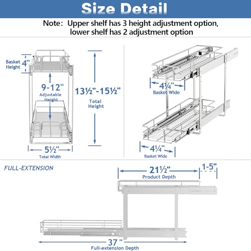2 Tier Individual Pull Out Cabinet Organizer 5½" W x 21½" D, Heavy Duty Cabinet Pull Out Shelves, Slide Out Drawers Organization for Kitchen Cabinets Bathroom - color: 2 Tier, size: 5½"W x 21½"D