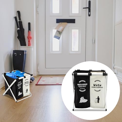 Foldable Disposable Shoe Cover Box Dispenser, Thickened Oxford Fabric Storage Bin Holder with Welcome Please Cover Your Shoes and Used Shoe Covers Sign for Open House Supplies(Black, White)