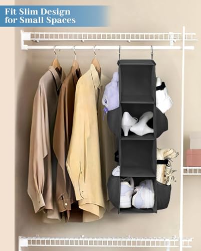 SLEEPING LAMB Short Hanging Shoe Organizer for Closet Storage with Mesh Side Pockets Holds 8 Pairs, Hanging Shoe Rack Hanger RV, Camper, Black - color: Black, size: 25''