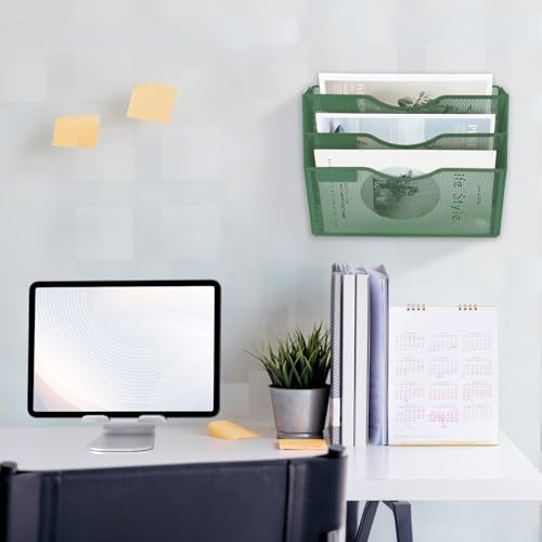 EASEPRES 3 Pocket Mesh Hanging Wall File Organizer, Wall Mounted Mail Paper Document Folder Holder, Clipboard Storage Organization Magazine Rack with Nametag Label for Office Home School, Dark Green - color: Dark Green, size: 3 Tier