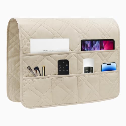 Couch Armrest Organizer Remote Control Holder Bedside Caddy with 6 Pockets, Non-Slip Armchair Caddy Sofa Armrest Organizer for Tv Remote Control, Magazine, Cell Phone, Beige