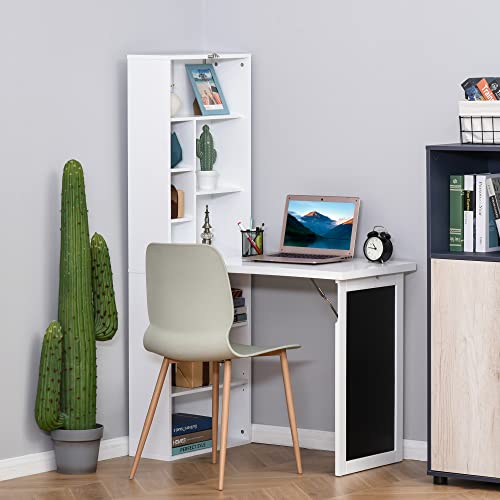 White Foldable Wall Mounted Desk with Storage Shelves, Fold Out Convertible Computer Table with Blackboard, Folding Writing Table Workstation for Small Spaces, Home Office - color: White