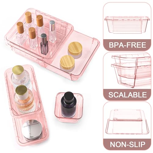 20 Pcs Clear Drawer Organizer, Adjustable Drawer Storage Box, 3-Size Desk Drawer Organizer, Acrylic Storage Bins for Makeup, Kitchen Utensils, Bedroom Dressers Tool Organizer for Gadgets, Pink - color: Pink, size: 20PCS