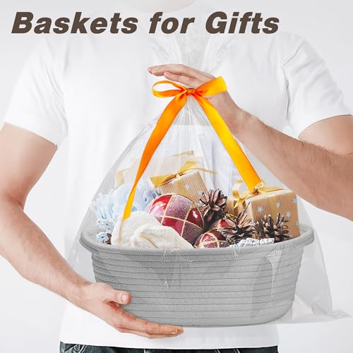 Pro Goleem Small Woven Basket with Gift Bags and Ribbons Durable Baskets for Gifts Empty Small Rope Basket for Storage 12"X 8" X 5" Baby Toy Basket with Handles, Gray - color: grey