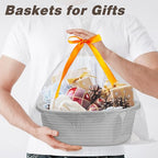 Pro Goleem Small Woven Basket with Gift Bags and Ribbons Durable Baskets for Gifts Empty Small Rope Basket for Storage 12"X 8" X 5" Baby Toy Basket with Handles, Gray - color: grey