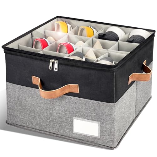 Shoe Organizer for Closet, Foldable Shoe Storage Bins with Clear Cover, Space Saving Shoes Holder with 4 Handles, Large Adjustable Shoe Box Storage Containers, Fits 8-16 Pairs, 1 Pack, Black - color: Black and Grey, size: (1 Pack) 17"L x 17"W x 12 ½"H
