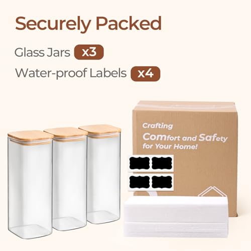 ComSaf 1.9 Qt Glass Storage Containers with Lids, Glass Jars with Lids, Clear Food Storage Jar, Square Canister Set of 3, Pantry Organizers and Storage for Flour Rice Pasta Tea Coffee Bean - size: 1.9Qt*3