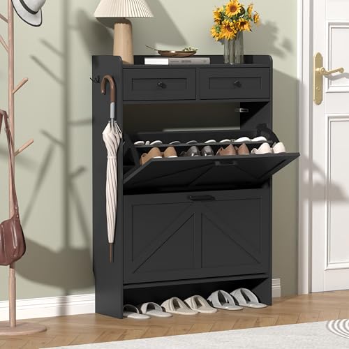 Thacuok Black Shoe Cabinet with 2 Flip Drawers & 2 Storage Drawers, Rustic Farmhouse Narrow Shoe Organizer Cabinet, Slim Shoe Rack Cabinet, Shoe Storage Cabinet for Entryway, Hallway - color: Black, size: 2 Drawers