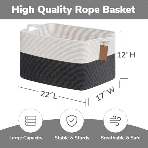 Goodpick Woven Storage Baskets for Organizing 22”x17”x12” Large Blanket Basket for Living Room Bedroom, Rectangle Toy Baskets Storage Kids with Handles, Dark Gray - color: Dark Gray, size: 22"L x 17"W x 12"H