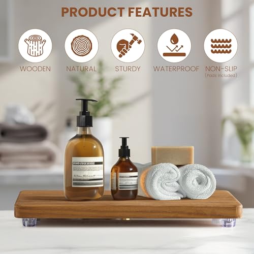 12.6"x5" Solid Teak Wood Riser & Tray - Farmhouse Organizer with Non-Slip Base | Rustic Bathroom & Kitchen Tray for Countertop, Sink Decor | Natural Finish Pedestal Stand (Neutral Home Decor) - color: Teaktray1