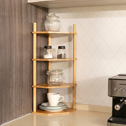 4-Tier Expandable Bamboo Corner Shelf - Dish/Plate Organizer for Cabinet, Kitchen Counter Shelf & Small Kitchen Shelf, Adjustable (Natural, 1-Pc 4-Tier) - color: 6.7"H-Natural-4